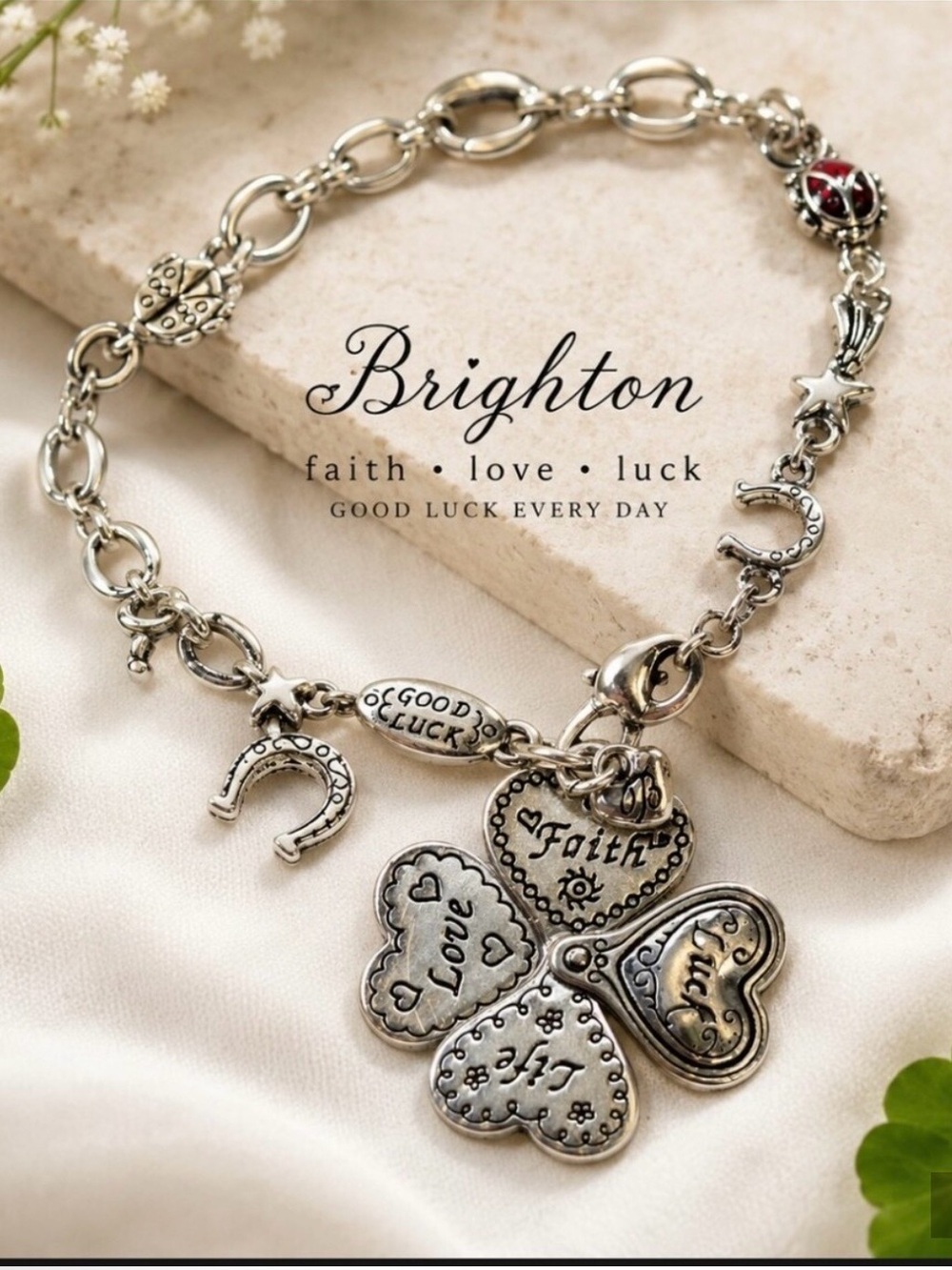 Brighton Silver Folding Four Leaf Clover Charm Bracelet. Good Luck Irish EUC!
